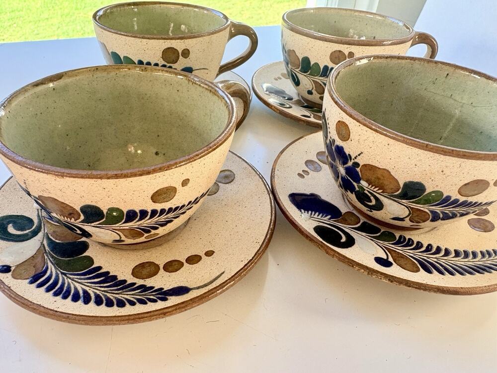Tonala Mexican Pottery Coffee Cups Saucers Set of 4 Stoneware Handpainted Floral